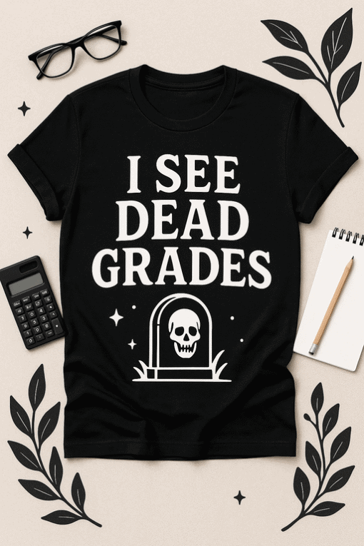 Dead grades humor t-shirt with skull graphic, perfect for students and teachers. Stylish casual wear for fun and spooky occasions.