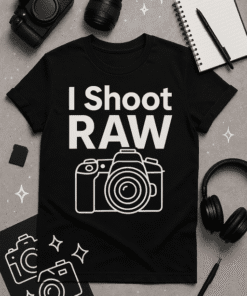 Camera graphic T-shirt for photography lovers, "I Shoot RAW" design, perfect for photography enthusiasts and hobbyists.