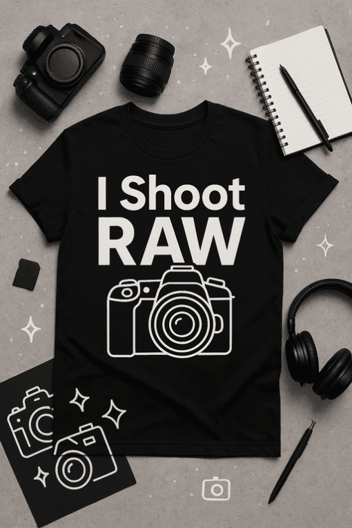Camera graphic T-shirt for photography lovers, "I Shoot RAW" design, perfect for photography enthusiasts and hobbyists.