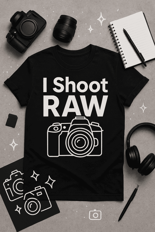 Camera graphic T-shirt for photography lovers, "I Shoot RAW" design, perfect for photography enthusiasts and hobbyists.
