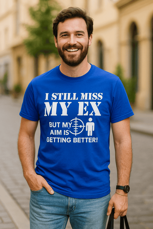 1. Funny men's T-shirt with humorous ex-military design for casual wear.