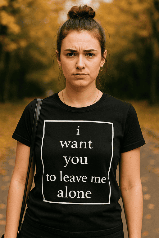 No print T-shirt with bold statement "I want you to leave me alone" for a humor or attitude fashion statement.