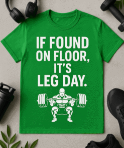IF FOUND ON FLOOR, IT'S LEG DAY motivational fitness t-shirt with weightlifter graphic.