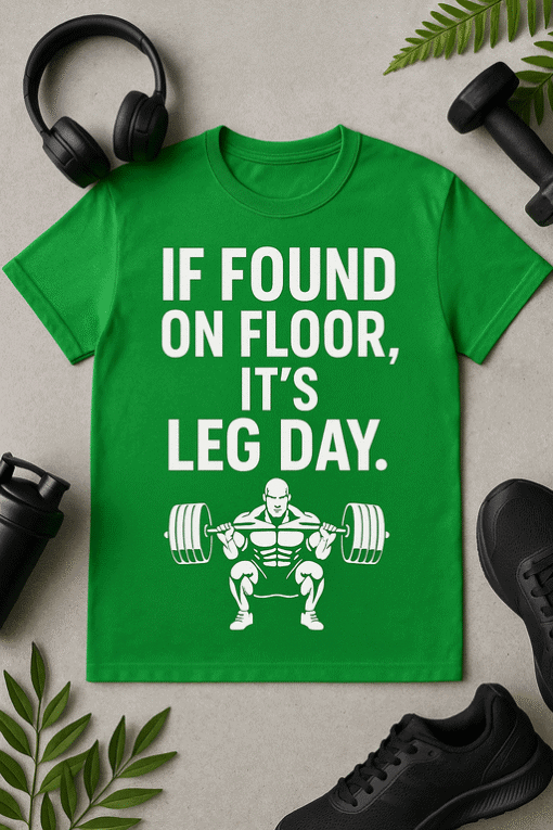 IF FOUND ON FLOOR, IT'S LEG DAY motivational fitness t-shirt with weightlifter graphic.