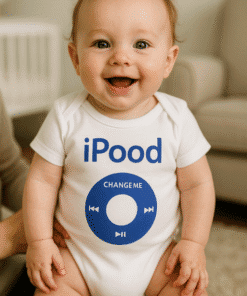 IPod inspired baby onesie with humorous music control graphic and playful text, cute toddler outfit for infants' clothing.