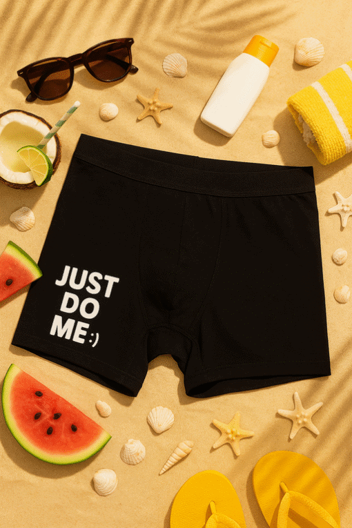 1. Black men's boxer briefs with "Just Do Me" slogan and smiley face, beach-themed accessories for summer style.