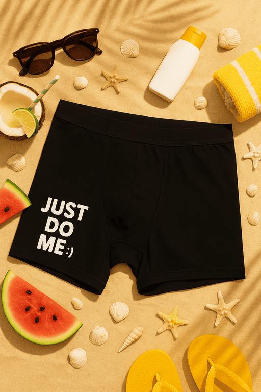 1. Black men's boxer briefs with "Just Do Me" slogan and smiley face, beach-themed accessories for summer style.