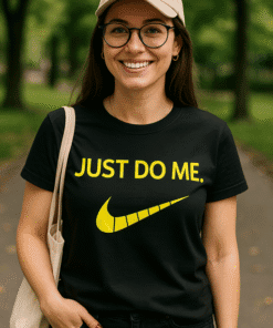 Nike slogan t-shirt with "Just Do Me" phrase in bold yellow text, stylish casual wear for fitness and everyday.