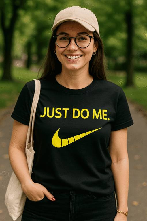 Nike slogan t-shirt with "Just Do Me" phrase in bold yellow text, stylish casual wear for fitness and everyday.