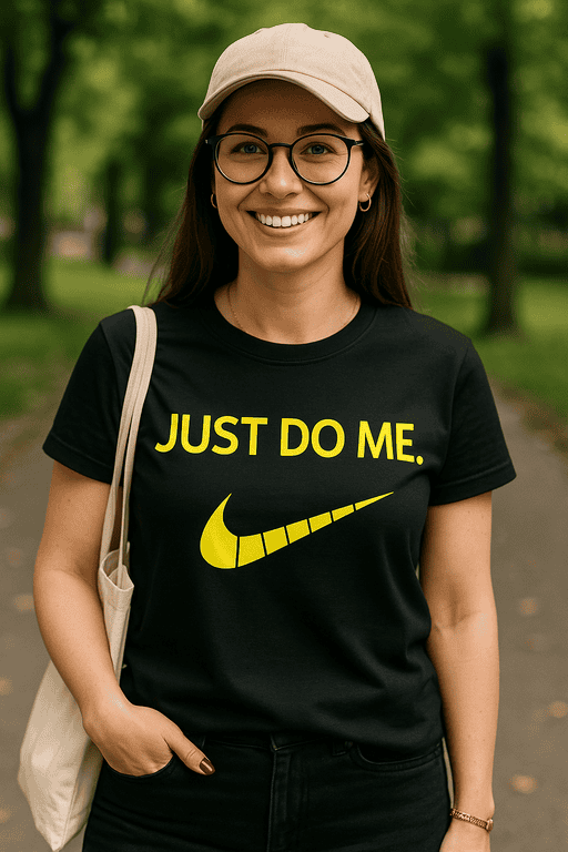 Nike slogan t-shirt with "Just Do Me" phrase in bold yellow text, stylish casual wear for fitness and everyday.