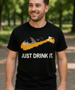 Beer pouring graphic t-shirt, humorous "Just Drink It" slogan, casual men's graphic tee for beer lovers.