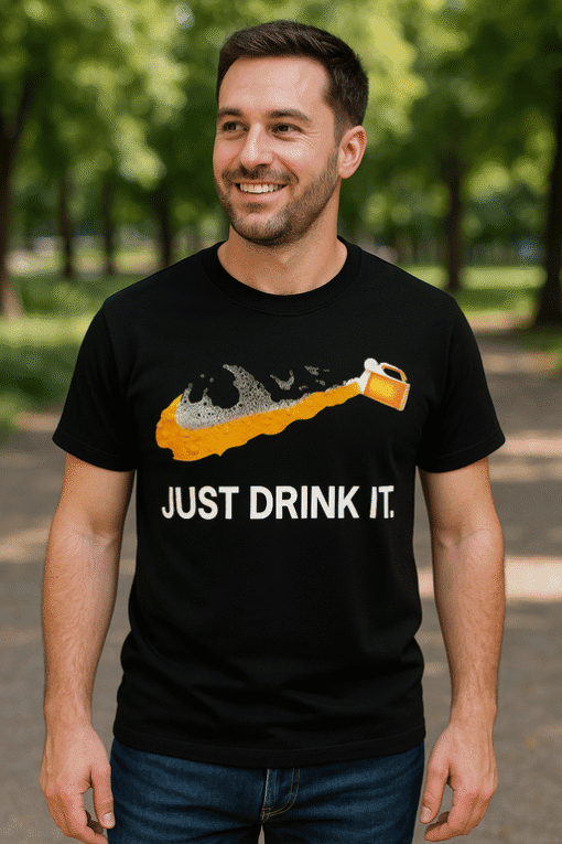 Beer pouring graphic t-shirt, humorous "Just Drink It" slogan, casual men's graphic tee for beer lovers.