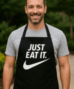 Just eat it Nike slogan apron, humorous foodie gift idea, casual outdoor cooking apparel.