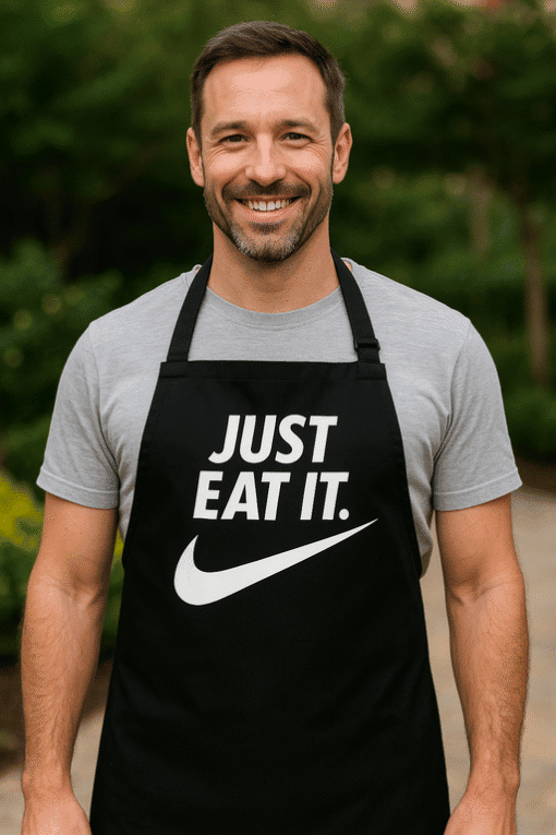 Just eat it Nike slogan apron, humorous foodie gift idea, casual outdoor cooking apparel.