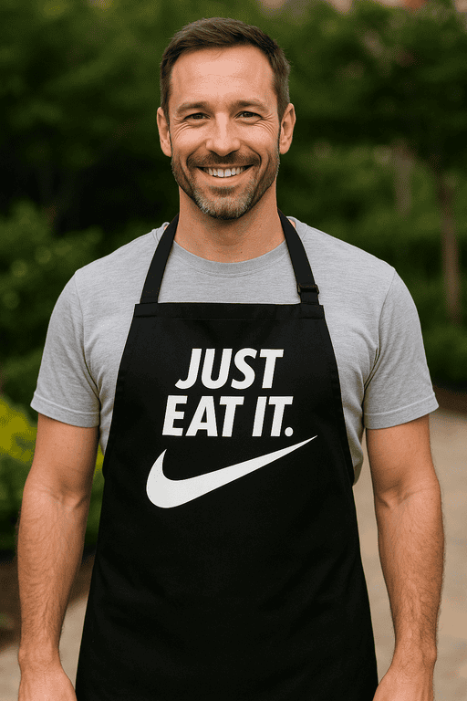 Just eat it Nike slogan apron, humorous foodie gift idea, casual outdoor cooking apparel.