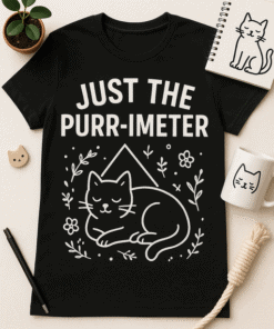 Cute black cat t-shirt with purr-imeter quote, feline fashion for cat lovers, stylish pet-themed apparel for men and women.