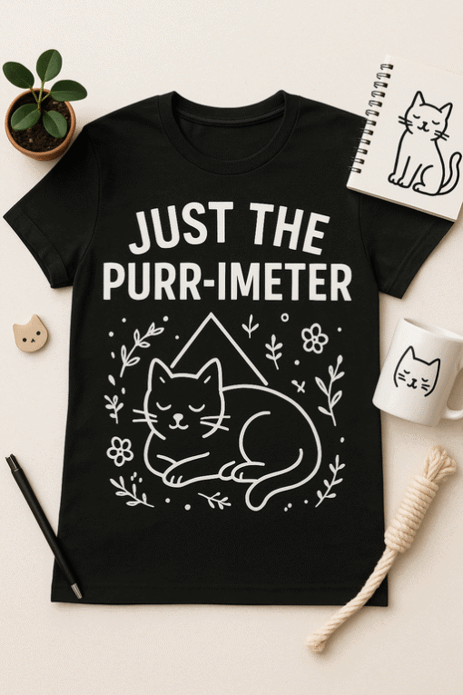 Cute black cat t-shirt with purr-imeter quote, feline fashion for cat lovers, stylish pet-themed apparel for men and women.