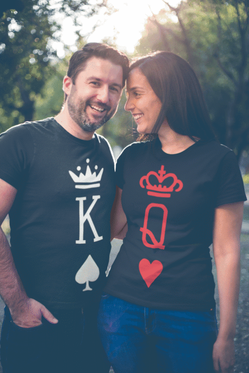 Kings and queens couple matching T-shirts, royal queen king symbol tees, trendy couple graphic tees, T-shirtplease.com stylish couple apparel.
