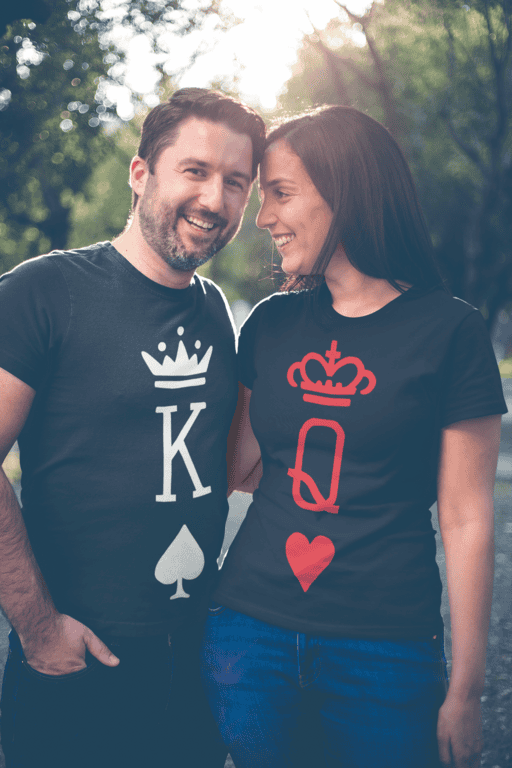 Kings and queens couple matching T-shirts, royal queen king symbol tees, trendy couple graphic tees, T-shirtplease.com stylish couple apparel.