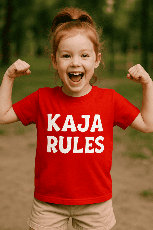 Bold girl wearing a red T-shirt with "KAJA RULES" text, outdoors, cheering.