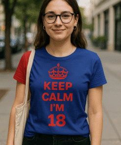 Keep calm I'm 18 birthday party t-shirt, teen birthday gift, funny humor youth tee, stylish teenage apparel, youthful celebration shirt, trendy teenager t-shirt, casual cool birthday shirt, vibrant birthday clothing, trendy 18th birthday tee, fun party wear for teens.