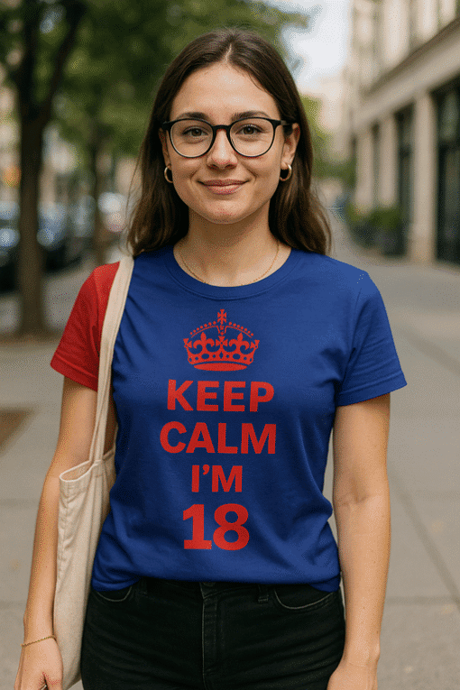 Keep calm I'm 18 birthday party t-shirt, teen birthday gift, funny humor youth tee, stylish teenage apparel, youthful celebration shirt, trendy teenager t-shirt, casual cool birthday shirt, vibrant birthday clothing, trendy 18th birthday tee, fun party wear for teens.