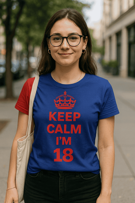 Keep calm I'm 18 birthday party t-shirt, teen birthday gift, funny humor youth tee, stylish teenage apparel, youthful celebration shirt, trendy teenager t-shirt, casual cool birthday shirt, vibrant birthday clothing, trendy 18th birthday tee, fun party wear for teens.