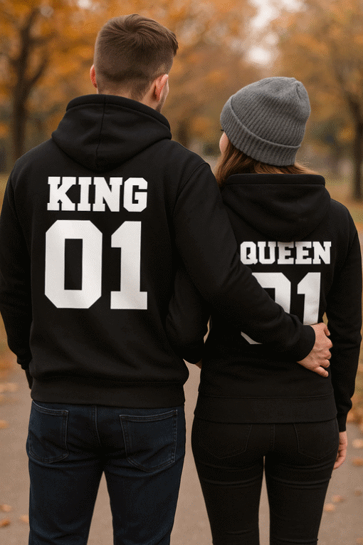 KING 01 and QUEEN 01 couple hoodies for matching fashion, perfect for fall outdoor style.