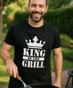 1. Man grilling steak outdoors, wearing "King of the Grill" apron.