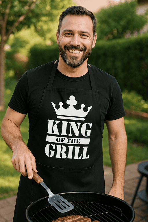 1. Man grilling steak outdoors, wearing "King of the Grill" apron.