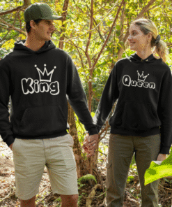 King and Queen matching hoodies for couples, ideal for outdoor adventures and stylish couple apparel.