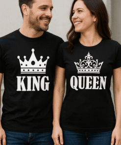 Crown king and queen T-shirts for couples, matching personalized couple shirts, fun relationship tees.