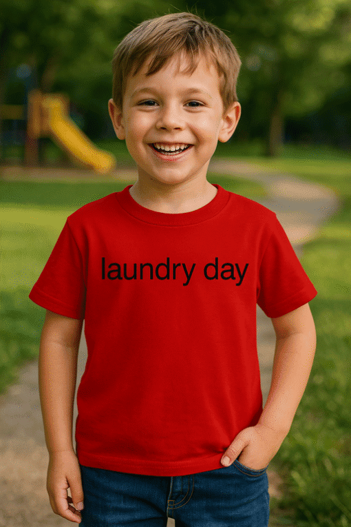 Cute boy in red T-shirt with "laundry day" print, smiling outdoors in park.