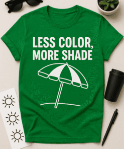 Bright green T-shirt with "Less Color, More Shade" slogan and umbrella graphic for casual sunny day wear.