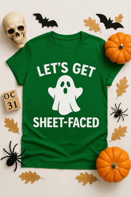 Ghost Halloween T-shirt with "Let's Get Sheet-Faced" slogan and spooky design.
