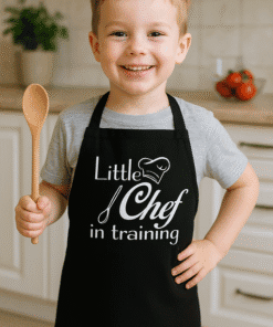 Cute kid wearing "Little Chef in Training" apron holding a wooden spoon in the kitchen.
