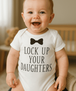Cute baby wearing a onesie with a humorous message about daughters and a bow tie graphic.