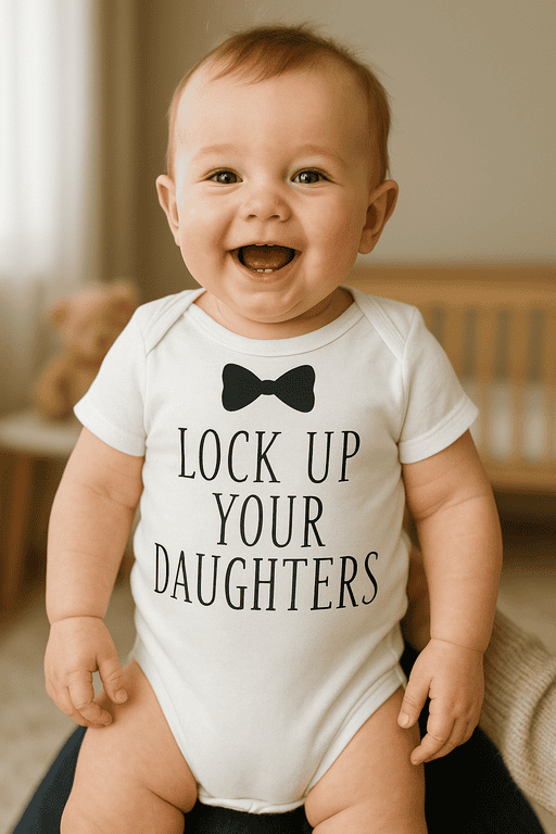 Cute baby wearing a onesie with a humorous message about daughters and a bow tie graphic.