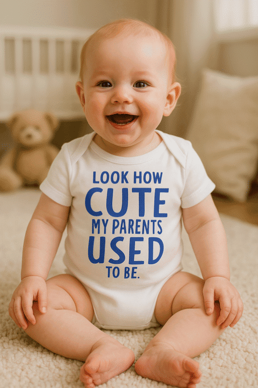 Cute baby wearing a funny T-shirt with humorous text about parenting, perfect for kids' everyday wear.