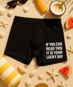Comfortable men's boxer briefs with funny text design, perfect for casual or beachwear.