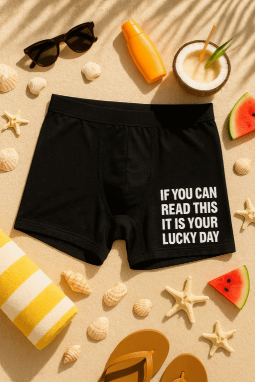 Comfortable men's boxer briefs with funny text design, perfect for casual or beachwear.