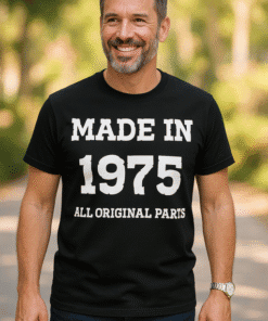 Made in 1975 vintage T-shirt, stylish men's casual fashion in black with white text.
