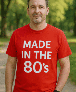 80s themed graphic t-shirt, humorous retro fashion, handmade in the 80s style, vintage inspired t-shirt.