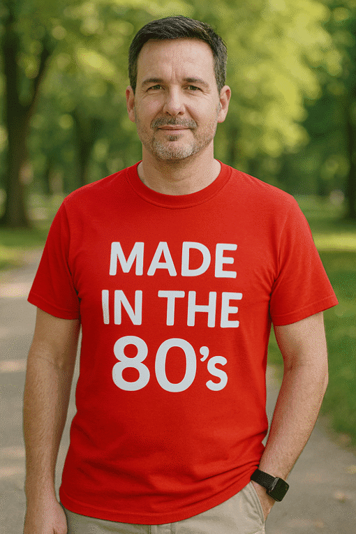 80s themed graphic t-shirt, humorous retro fashion, handmade in the 80s style, vintage inspired t-shirt.
