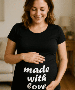 Comfortable pregnant woman wearing "made with love" T-shirt, celebrating motherhood and pregnancy.