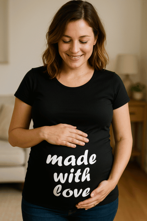 Comfortable pregnant woman wearing "made with love" T-shirt, celebrating motherhood and pregnancy.