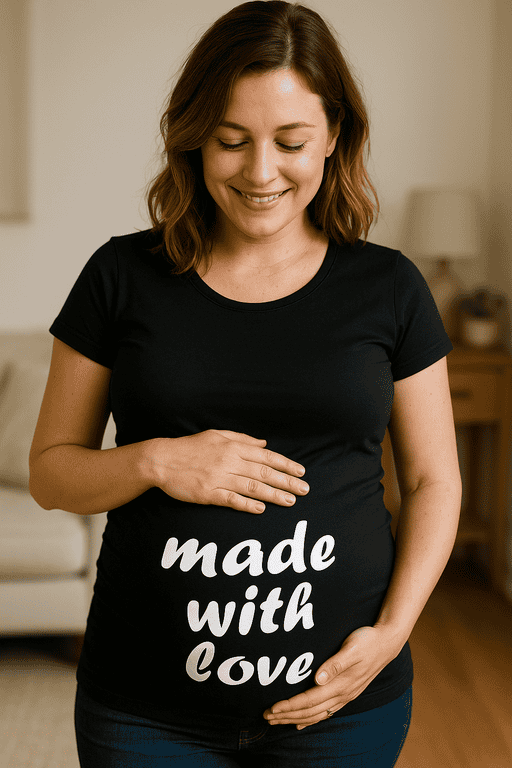 Comfortable pregnant woman wearing "made with love" T-shirt, celebrating motherhood and pregnancy.
