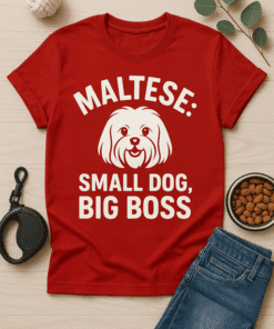 Maltese dog t-shirt, small dog big boss, pet lover humor, casual casual men's tee, pet owner gift.