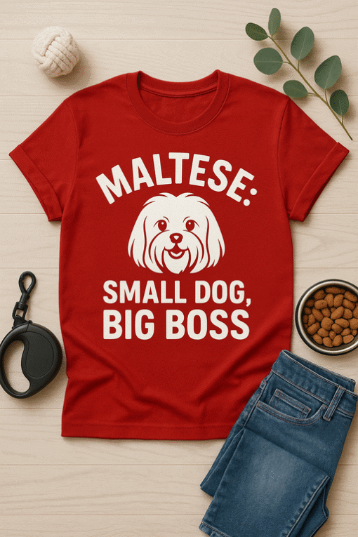 Maltese dog t-shirt, small dog big boss, pet lover humor, casual casual men's tee, pet owner gift.
