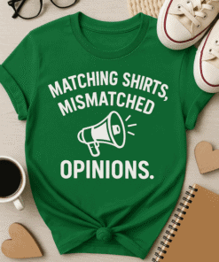 Matching shirts, mismatched opinions graphic t-shirt for casual wear and humor.